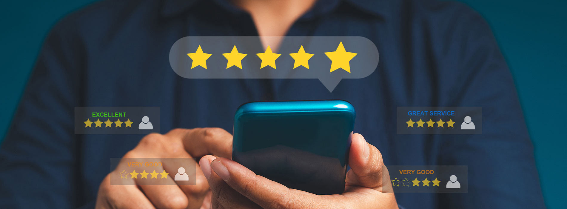 The image shows a hand holding a tablet with a star rating graphic on the screen, indicating high customer satisfaction or approval.